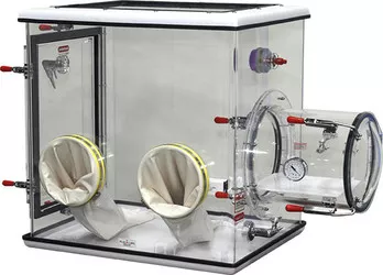 810 SG10 Compact, sealed glove box (710×580×740 mm), ideal for small labs. Transfer chamber, purge valves, flat access door, 2 gloves