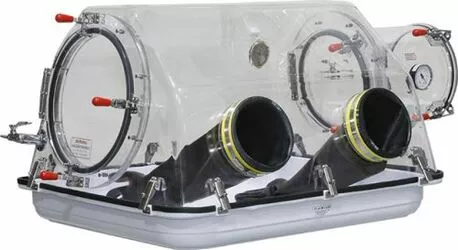 Kompakte Glovebox (800 mm × 650 mm × 545 mm) mit klarem, bruchsicherem Oberteil, leichtem Noryl™-Boden, großem Zugang, Vakuumanzeige