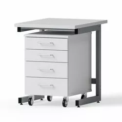 Laboratory desk for seated work, 600x750x750mm, melamine tabletop, 1 rolling container B-526mm, 4 drawers
