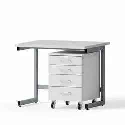 Laboratory desk for seated work, 900x750x750mm, melamine tabletop, 1 rolling container B-526mm, 4 drawers