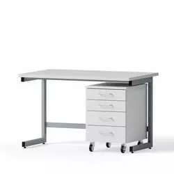 Laboratory desk for seated work, 1200x750x750mm, melamine tabletop, 1 rolling container B-526mm, 4 drawers