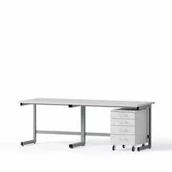 Laboratory desk for seated work, 2100x750x750mm, melamine tabletop, 1 rolling container B-526mm, 4 drawers