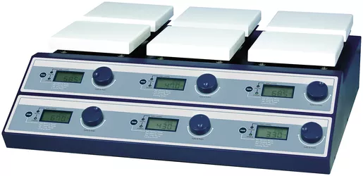 Multiple magnetic stirrer heated SMHS-6, 6 positions (3X2) each 140x140mm, dig. Controller, timer: 99 hr./59 min., 80- ,500 rpm, Tmax. 350°C